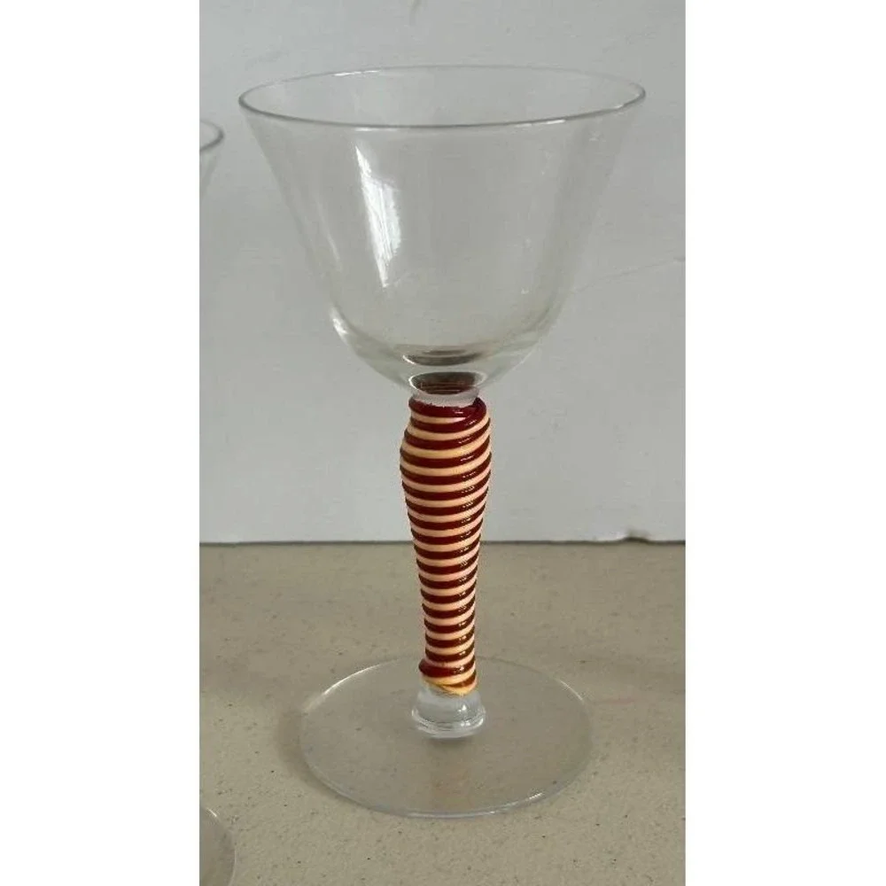 MCM Champagne Coupes - Clear Glass w/Red & Yellow Striped Spiral‎ Rattan Wrapped